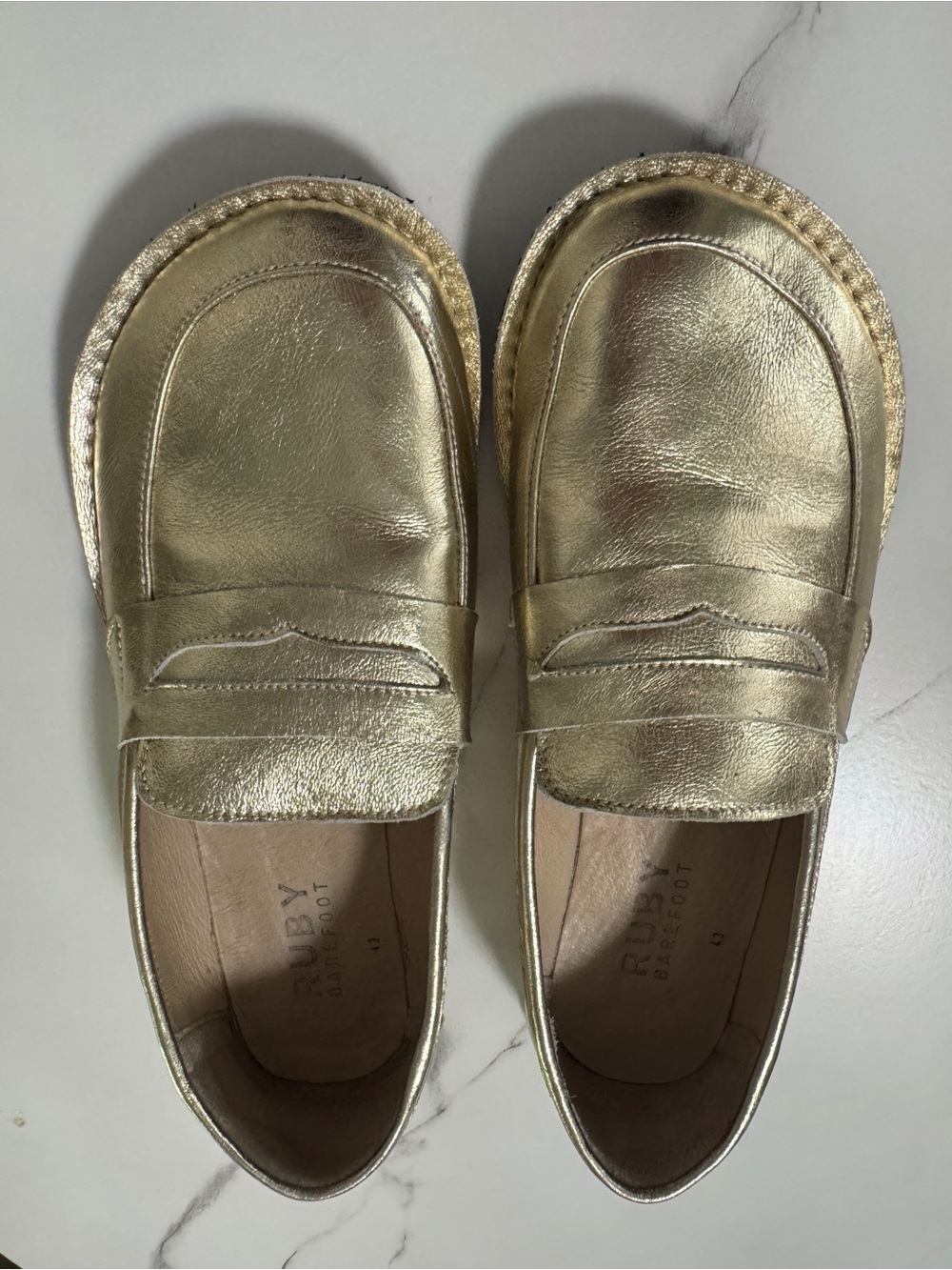 Metallic Gold Penny Loafers Ruby Barefoot style wide toe box